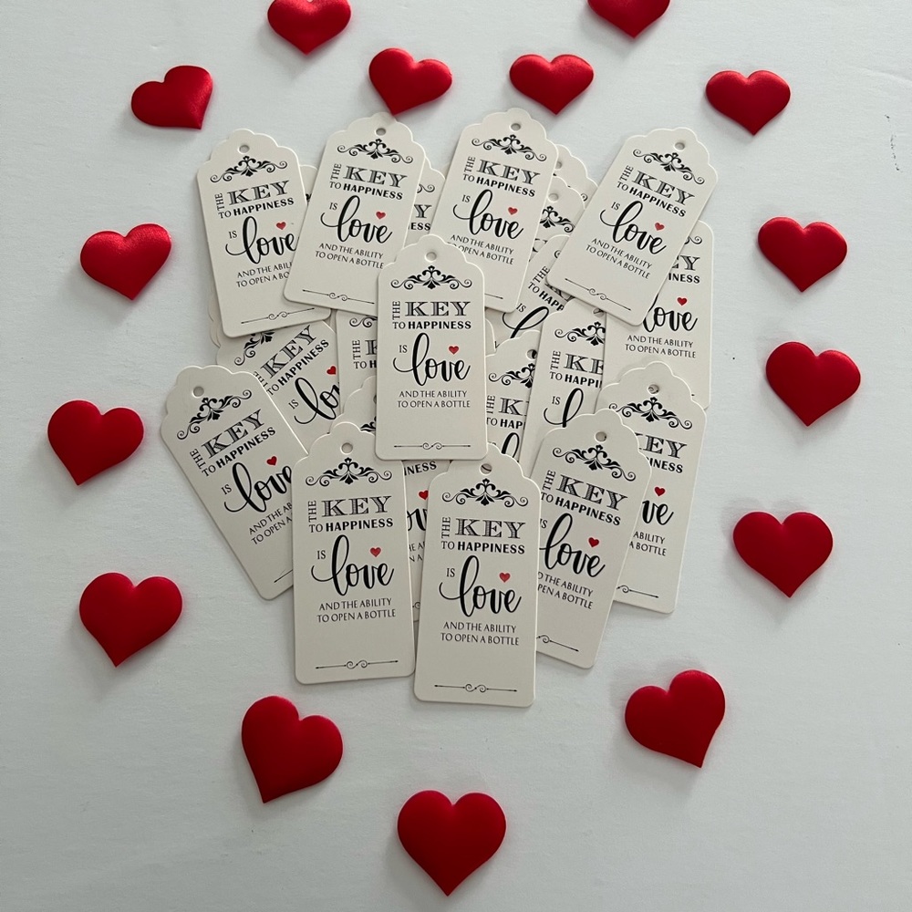 35 pcs Tags The Key to Happiness is Love ... with Satin Hearts